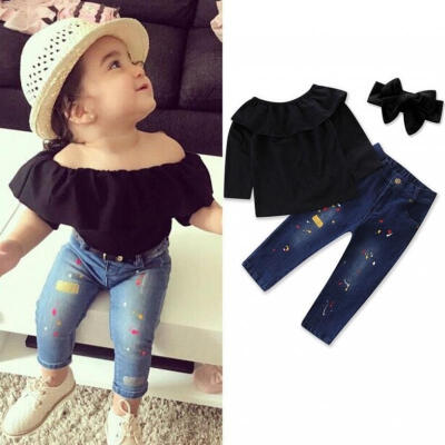 

3PCS Toddler Kid Girls Long Sleeve T-shirt Tops Jeans Trousers Outfits Clothes Set