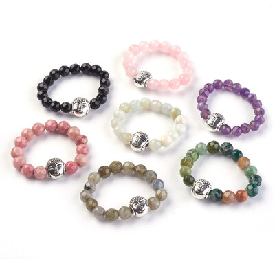 

Natural Gemstone Strech Rings with Alloy Buddha Beads Faceted Round Antique Silver Size 8 18mm