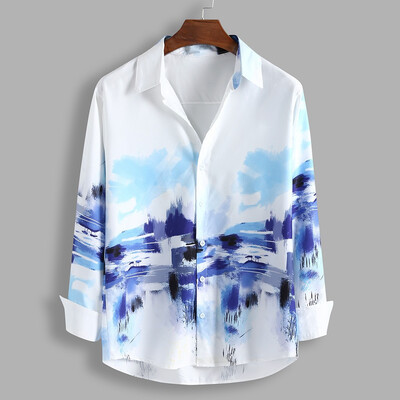 

Toponeto Mens Loose Elegant Flowers Printed Lump Chest Long Sleeve Round Hem Shirts Tops