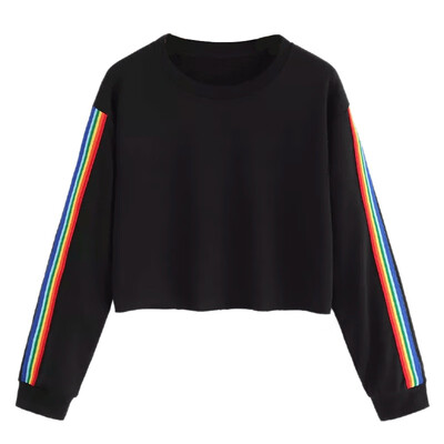 

Women Autumn Winter O-neck Plus Size Loose Long-sleeved Short Color Strip Sweatshirt Sweet Tops