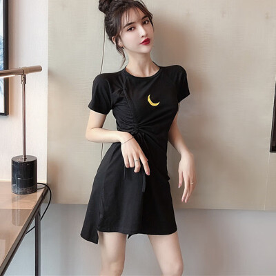 

Women Summer O-Neck Lace Up Bandage Pullover Sexy A-LINE Dress New Casual Elastic Slim High Waist Irregular Ruffles Strap Dress