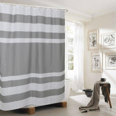 

US Fabric Bathroom Shower Curtain Stripe Printed Waterproof with Hooks 71"x71