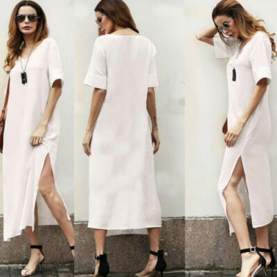 

US Fashion Boho Women Summer Evening Short Sleeve Loose Beach Long Maxi Dress