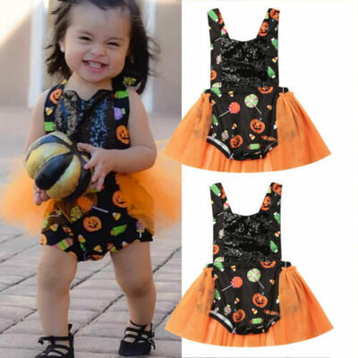 

US Toddler Baby Girl Kids Halloween Jumpsuit Headband Ruffles Mini Dress Clothes
