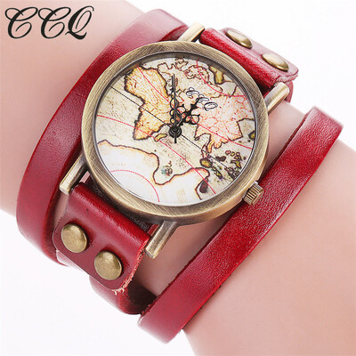 

CCQ Brand Fashion Vintage Leather Bracelcet Wrist Watch Casual World Map Pattern Women Quartz Watch Relogio Feminino 533