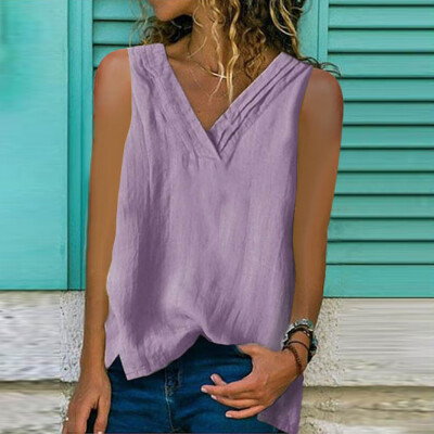 

Summer Womens Large V-neck Sleeveless Plain T-shirt Casual Loose Vest Tops