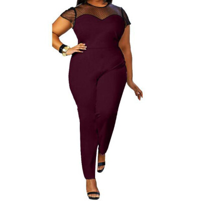 

Gobestart Womens Plus Size Mesh Sexy Stitching Fashion Short-Sleeved Round Neck Jumpsuit