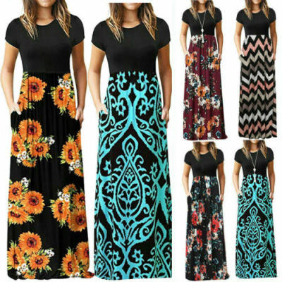 

Women Summer Ethnic Beach Party Maxi Long Dress Short Sleeve Sundress Plus Size