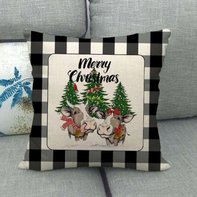 

New Merry Christmas Linen Pillowcase Cushion Cover Deer Red Plaid Cover Case Gift Home Decor