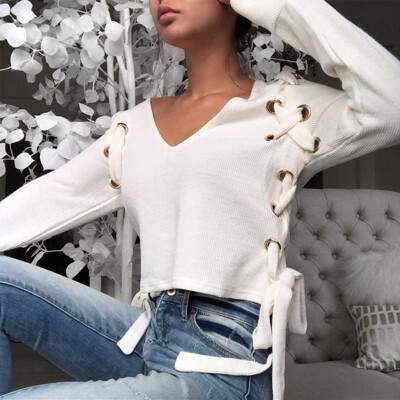 

Lady Long Sleeve Hollow Out Lace-Up Bow Knit Sweater Jumper Pullover Tops Sexy