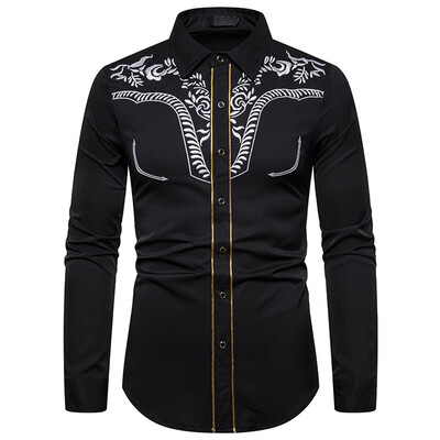 

Tailored Mens Leisure Fashion Embroidery Printing Lapel Long Sleeve Shirt Top Blouse