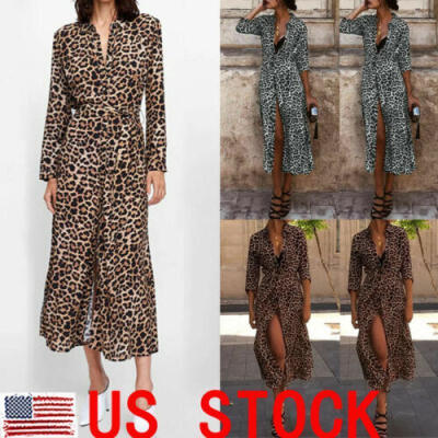 

US Women Long Sleeve Button Down Maxi Dress Evening Party Casual Shirt Dress