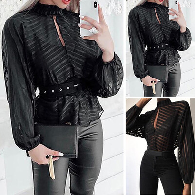 

Sexy Women Perspective Tops Long Sleeve Casual Black Hollow Striped Shirt Hot