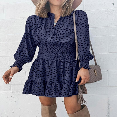 

Contrast Polka Dots Printed Shirr Buttons Long Sleeves Hem Shift Dress