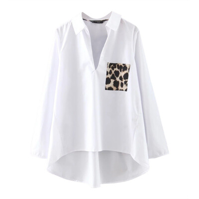 

2019 Autumn New Fashion Personality Slimming Leopard Pocket Shirt Casual Shirt Female White