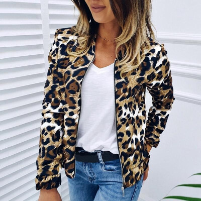 

Women Leopard Print Bomber Jacket Long Sleeves Zipper Front Baseball Jacket Spring Autumn Casual Coats Streetwear