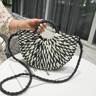 

2019 New Colorful Women Summer Beach Bag Fashion MOON Straw Handbags Rattan Bag Handmade Vintage Woven Bali Handbag For Female