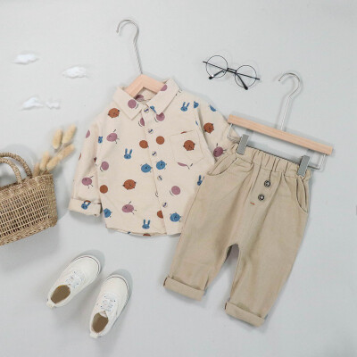 

Autumn Children Baby Boys Casual Long Sleeve Cartoon Print Blouse TopsPants Trouser Costume Set