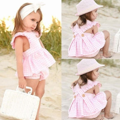 

Summer Toddler Kid Baby Girl Ruffle Tops Dress Shorts Plaids Outfits Set Clothes
