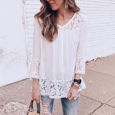 

Women Casual Tops V-Neck Lace Splicing Three-quarter Sleeve Casual Boho Shirt