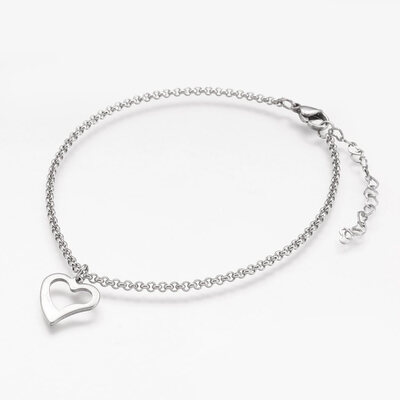 

304 Stainless Steel Anklets with Heart Charm&Rolo Chains Stainless Steel Color 9-18"232cm 2mm