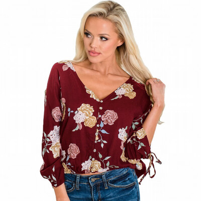 

V-neck single-breasted cropped sleeve vanilla print bohemian shirt top