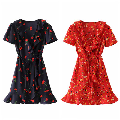 

Womens Deep V Neck Short Sleeves Floral Print Slim Waist Boho Beach Mini Dresses