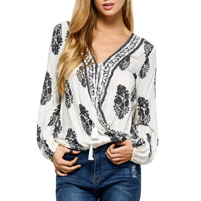 

Retro Print Wrap V Neck Blouse