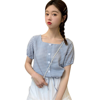 

Summer Cute Girl Blouse Plaid Yellow Square Neck Puff Sleeve Shirt Women Top Chemise Femme Chemisier Blusa Mujer Camisa
