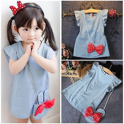 

Toddlers Kids Baby Girl Dresses 2018 Clothing Dress Cartoon Bag Bow Dark Blue Ruffles Demin Casual Dresses Girl 1-5Y