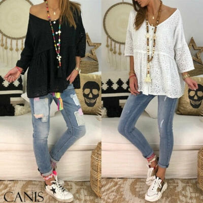 

Women Boho Lace Crochet Floral Bell Sleeve Loose Blouse Tops Shirt