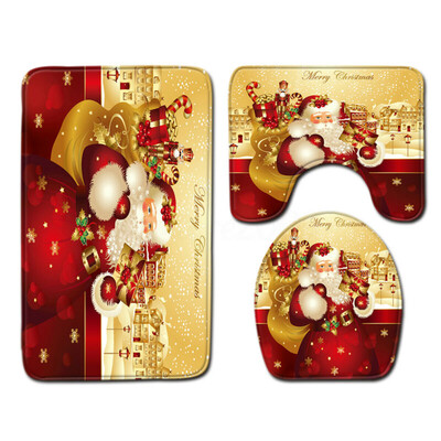 

Xmas Christmas Shower Curtain Bathroom Anti-Slip Carpet Rug Toilet Cover Mat Kit