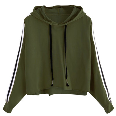 

Hooded Drawstring Sweatshirt Striped Sleeve Crop Hoodies Women Burgundy Casual Tracksuit Autumn Sportswear Pullover Sweatshirts