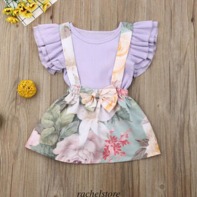 

US 2pcs Infant Baby Girls Ruffle RomperSummer Casual Floral Sling Dress Outfits