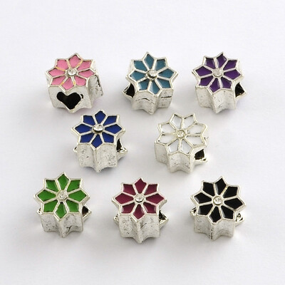 

Alloy Rhinestone Enamel Style Flower Large Hole European Beads Antique Silver Mixed Color 11x75mm Hole 45mm