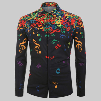 

Toponeto Men Casual Novelty Musical Note Pattern Casual Long Sleeves Shirt Top Blouse