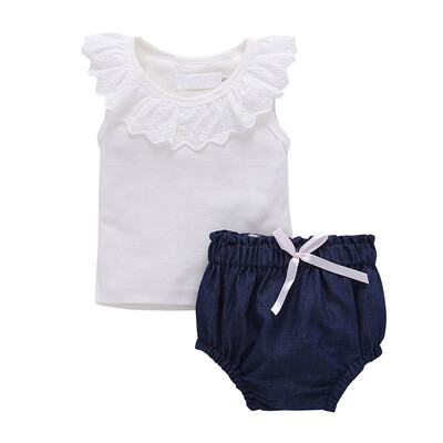 

Summer Baby Girl Clothes Set Sleeveless Solid Color Petal Blue Shorts Clothes Set Casual Fashion Princess Girl Set