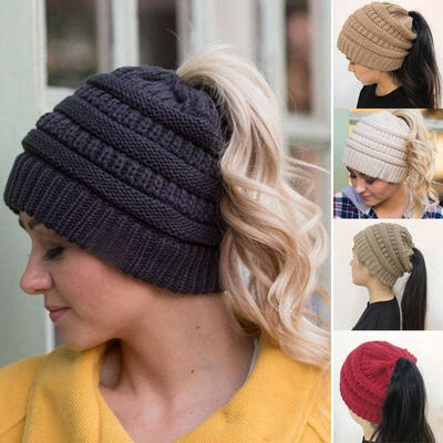 

Fashion Women&39s Girl Hat Winter Warm Stretch Knit cap Messy Bun Ponytail Beanie