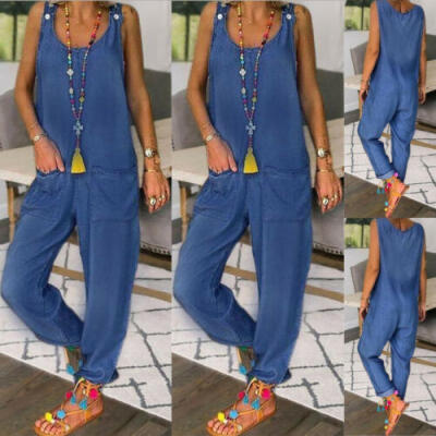 

Women Sleeveless Cotton Blend Loose Wide Leg Jumpsuit Overall Long Trousers Pant