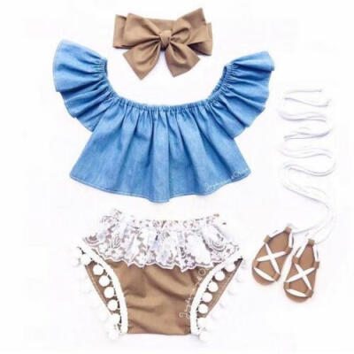 

US Toddler Kids Baby Girl Summer Clothes Denim TopsLace Shorts Set Outfits