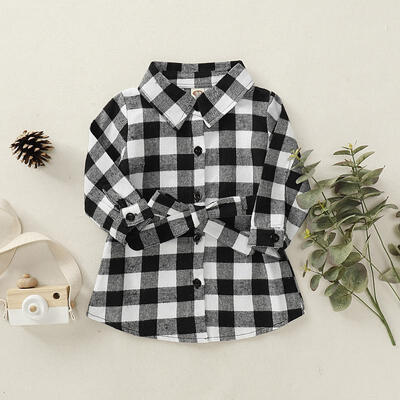 

Toddler Baby Girl Black Plaid Long Sleeve Button-Down Shirts Dress