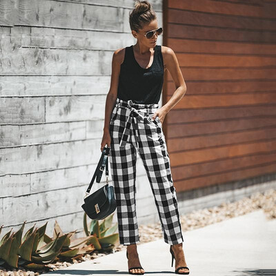 

Women Pants Plaid Check Printed High Elastic Waist Bandage Tie Pockets Vintage Casual Trousers RedBlack