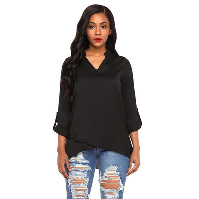 

Solid color V-neck long-sleeved chiffon blouse casual midi top