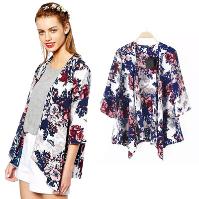 

New Women Outerwear Open Front Floral Print Batwing 34 Sleeve Irregular Hem Thin Vintage Loose Cardigan Coat Blue
