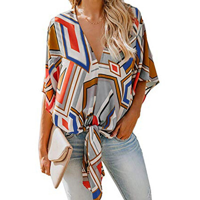 

Starmoon Womens Short Sleeve Shirts V Neck Dot Print Knot Collared Button Down Shirt Tops