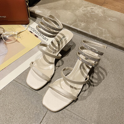 

2019 new summer serpentine wound sandals womens thick heels water drills open toes Roman one-word sandals