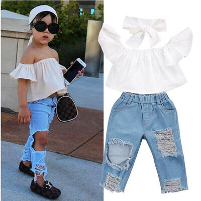 

Fashion Toddler Girls Kids Off Shoulder Tops Denim Pants Jeans 3pcs Outfits Set Clothes