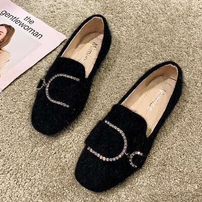

Hairy single shoes autumn Korean version of fashion square head shallow flat-soled grandmother shoes chic gentle shoe tide