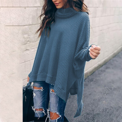 

Ladies Knitted Long Sleeve Baggy Sweater Turtleneck Irregular Hem Warm Pullover