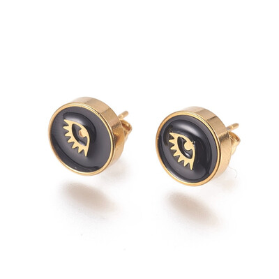 

Golden Tone 304 Stainless Steel Stud Earrings with Enamel Flat Round with Eye Black 135x10x35mm Pin 07mm